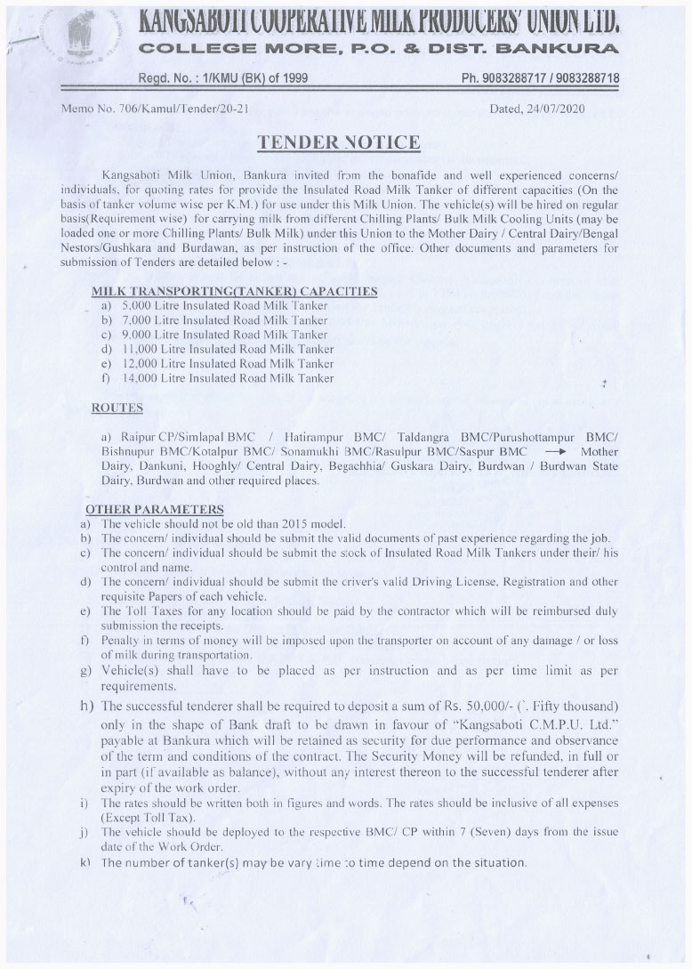 TENDER FOR HIRING CHARGES OF  INSULATED ROAD MILK TANKER