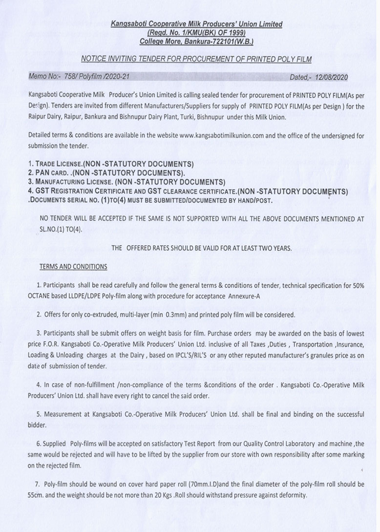 NOTICE INVITING TENDER FOR PROCUREMENT OF PRINTED POLY FILM