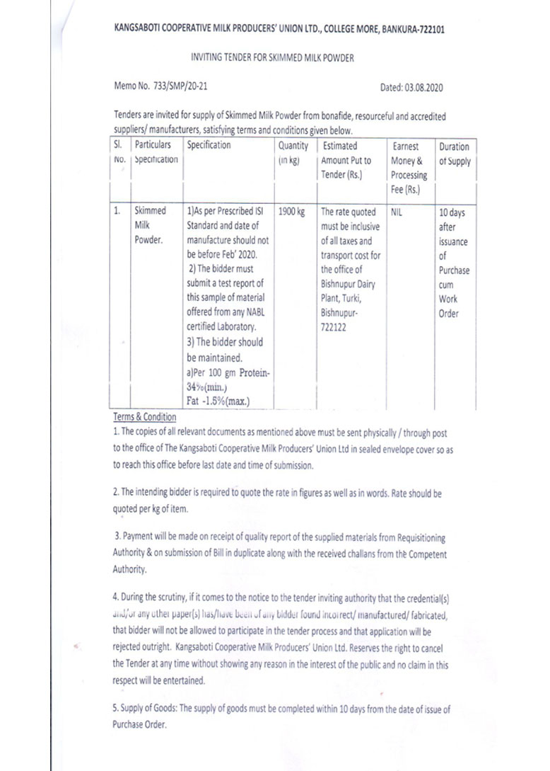 Inviting Tender For Skimmed Milk Powder